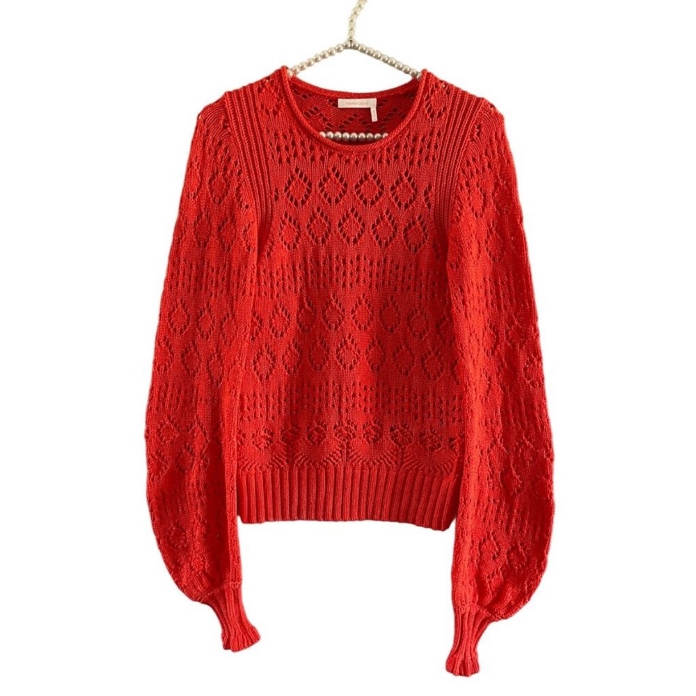 SEE BY CHLOE Sweater. Orange Crochet Knit, Crew Neck, Balloon Sleeves, size XS.